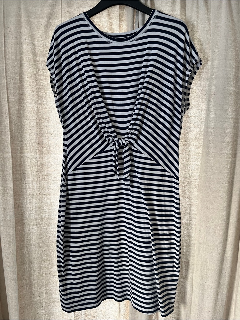 Striped Knot-Front Women’s Dress in Navy and White - Picture 1 of 3